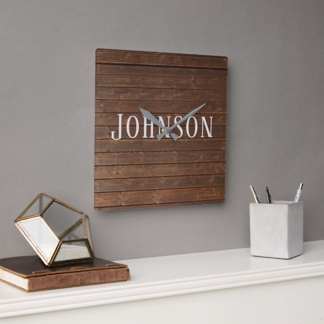 oak wood with family name square wall clock (Office)