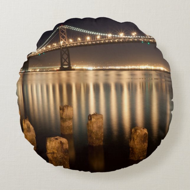 Oakland Bay Bridge night reflections. Round Pillow (Front)