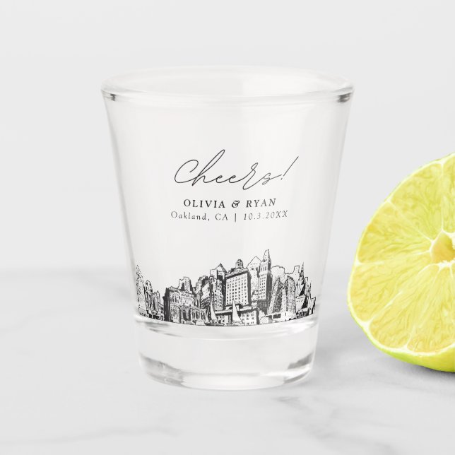 Oakland Wedding Favour Personalized Cheers Shot Glass (Front)