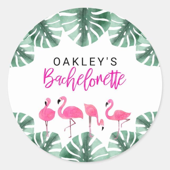 OAKLEY Hot Pink Tropical Flamingo Bachelorette Classic Round Sticker (Front)