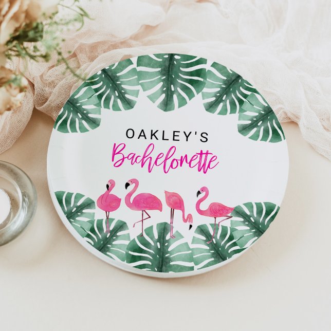 OAKLEY Hot Pink Tropical Flamingo Bachelorette Paper Plate (Creator Uploaded)