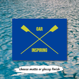 Oar inspiring slogan and crossed oars deep blue postcard