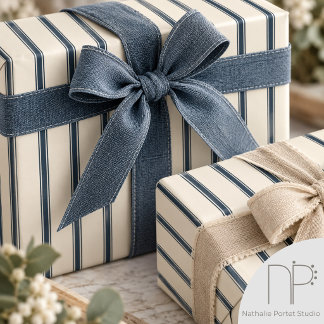 Oatmeal Navy Rustic Thin Ticking Stripes Wrapping Paper
