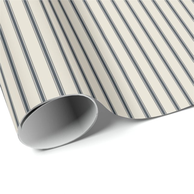 Oatmeal Navy Rustic Thin Ticking Stripes Wrapping Paper (Roll Corner)