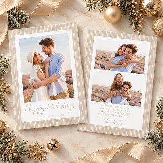 Oatmeal Striped Minimal 3 Photo Happy Holiday Card