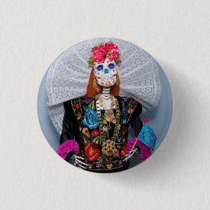 Oaxaca Calavera Catrina Tehuana 1 Inch Round Button