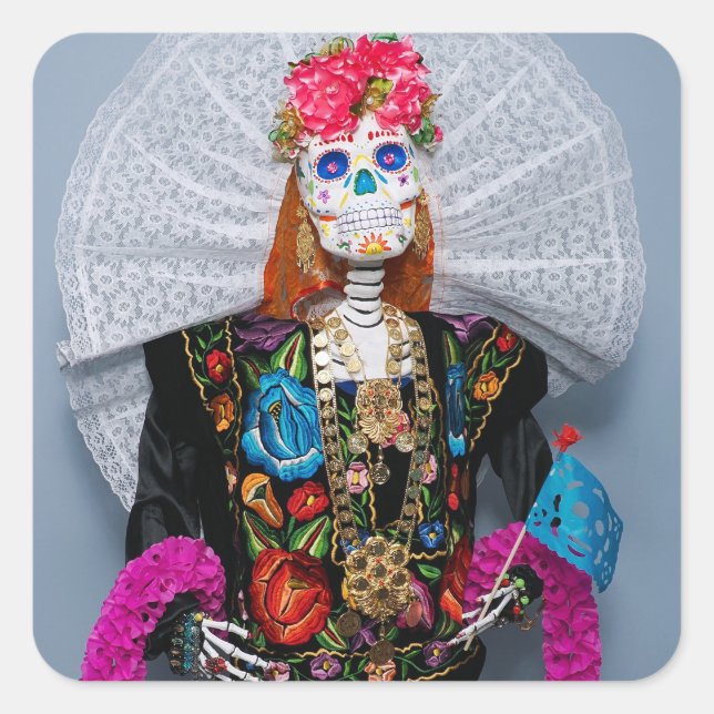 Oaxaca Calavera Catrina Tehuana Square Sticker (Front)