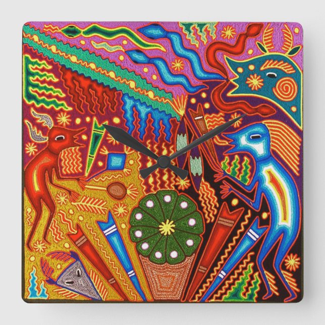 Oaxaca Mexico Mexican Mayan Tribal Art Boho Travel Square Wall Clock (Front)