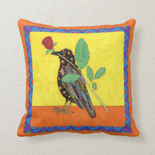 Oaxacan Crow & Red Rose Mexican Folk Art Throw Pillow