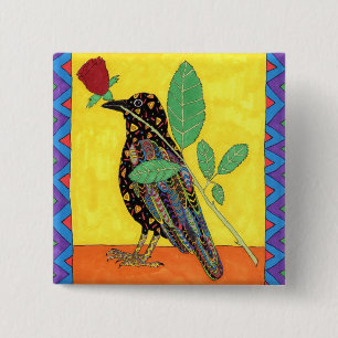 Oaxacan Crow with Red Rose 2 Inch Square Button