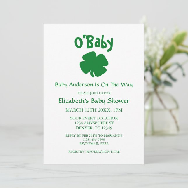 O'Baby St Patrick's Day Baby Shower Invitation (Standing Front)