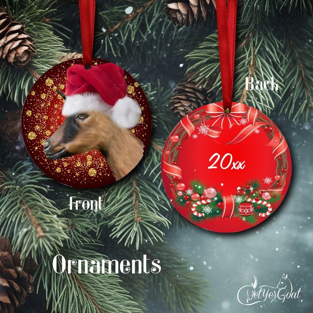 Oberhasli Chèvre Santa Hat Ornement de Noël (Oil portrait of a pretty Oberhasli goat,m with Santa hat and gold snowflakes - dated  #zazzlemade)