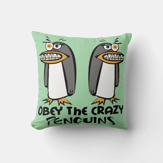 Obey The Crazy Penguins (Green) Throw Pillow (Front)