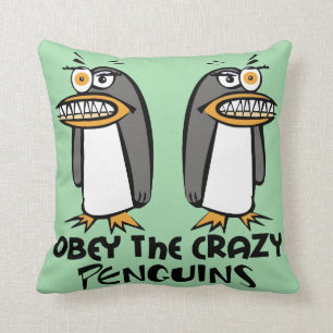 Obey The Crazy Penguins (Green) Throw Pillow
