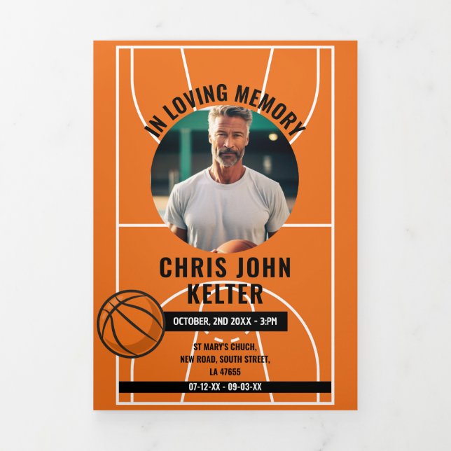 Obituary Celebration of Life Photo Basketball Tri-Fold Invitation (Cover)