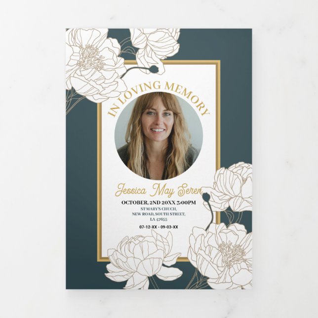 Obituary Celebration of Life Photo Flowers Green Tri-Fold Invitation (Cover)