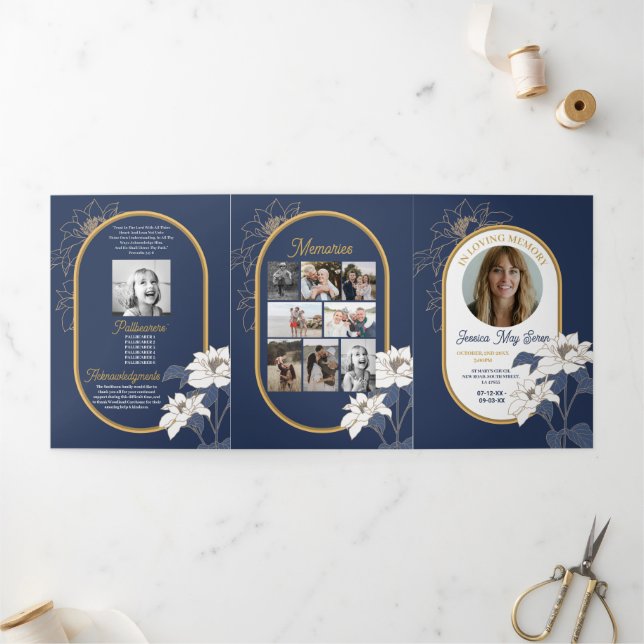 Obituary Celebration of Life Photo Flowers Navy Tri-Fold Invitation (Outside)