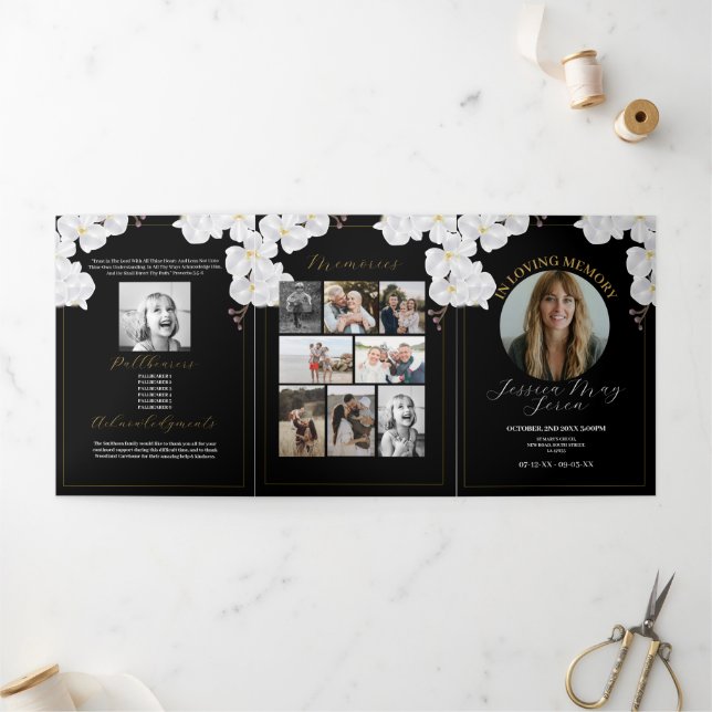 Obituary Celebration of Life Photo Flowers White Tri-Fold Invitation (Outside)