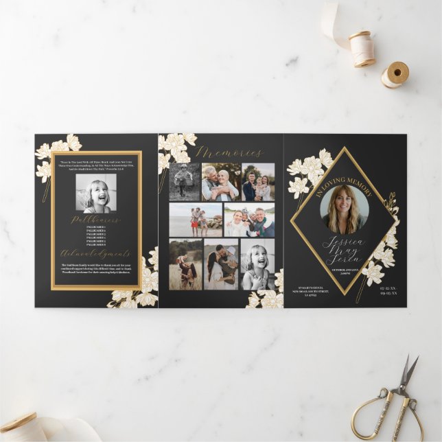 Obituary Celebration of Life Photo White Flowers Tri-Fold Invitation (Outside)