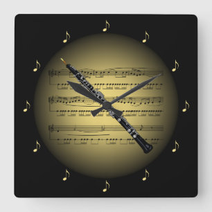 Oboe 3-D Gold Globe ~ Sheet Music ~ Black BG ~ * ~ Square Wall Clock