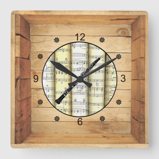 Oboe ~ 3 Dimensional ~ Folk Art Box ~ Square Wall Clock (Front)
