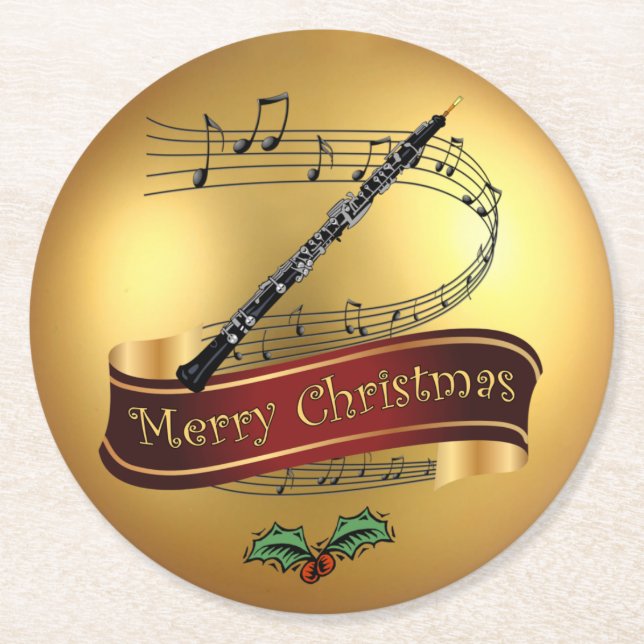 Oboe ~ Musical Scroll ~ Gold ~ “Merry Christmas” ~ Round Paper Coaster (Front)