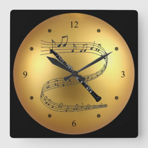 Oboe ~ Musical Scroll ~ Golden Globe Background ~ Square Wall Clock