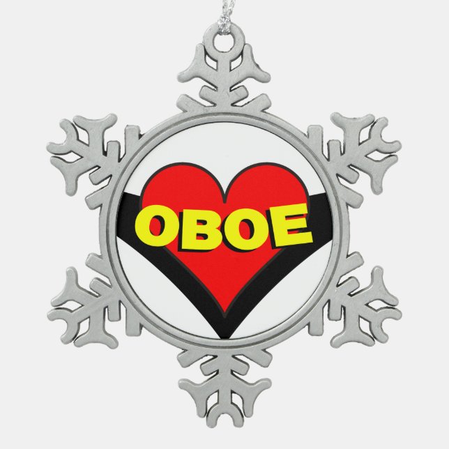 Oboe Over Heart Snowflake Pewter Christmas Ornament (Front)