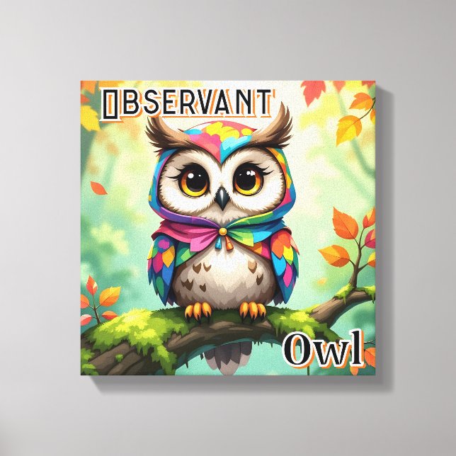 Observant Owl | Cute Cartoon Kid's Nursery Art Canvas Print (Front)