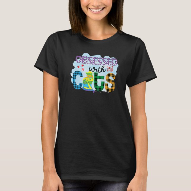 Obsessed With Cats Graphic Patchwork Cat T-Shirt (Front)