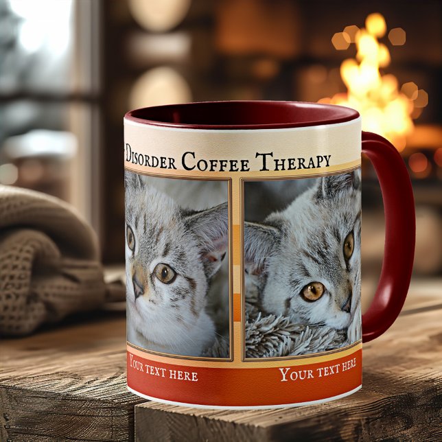 Obsessive Cat Disorder Coffee Therapy Mug (Mug featuring your funny cat photos framed by an orange striped design with gold - cat lover gift)