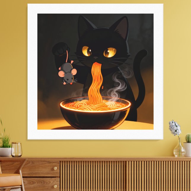 Obsidian Cat & Daring Mouse – Midnight Ramen Feast Canvas Print (Insitu(LivingRoom))