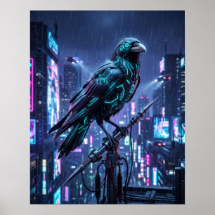Obsidian Neon Raven Cyber Spire Art Poster