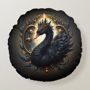 Obsidian Swan of Silent Grace – Dark Fantasy Round Pillow