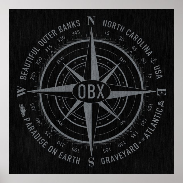 OBX Compass Outer Banks Vintage Silver Black Poster (Front)