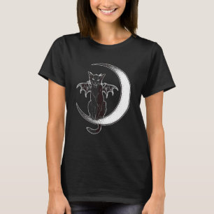 Occult Cute Gothic Cat Wings On Moon Horror Art T-Shirt