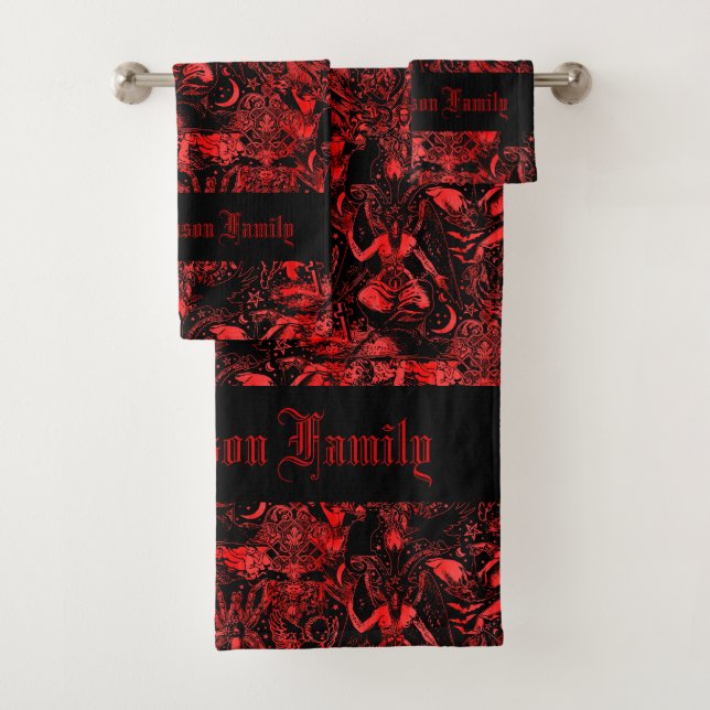 Occult Red Devil Baphomet Bats Skulls Gothic Bath Towel Set (Insitu)