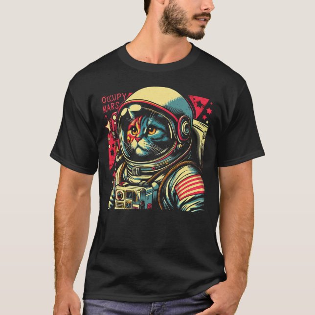 Occupy Mars - Funny Cat Astronaut Retro T-Shirt (Front)