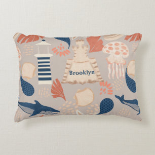 Ocean Adventure -Whales,Jellyfish & Lighthouse Fun Accent Pillow