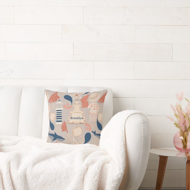 Ocean Adventure -Whales,Jellyfish & Lighthouse Throw Pillow (Couch)
