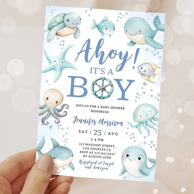 Ocean Ahoy It's A Boy Blue Sea Baby Shower Invitation (Creator Uploaded)