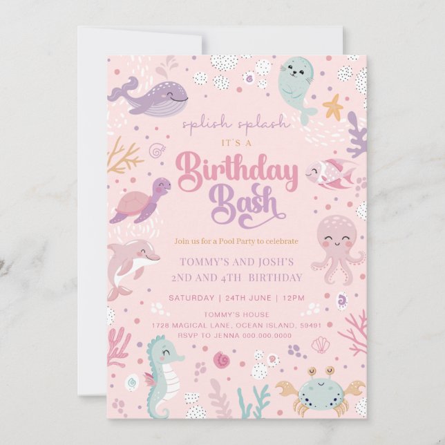 Ocean Animal Birthday Invitations. Joint Birthday  Invitation (Front)
