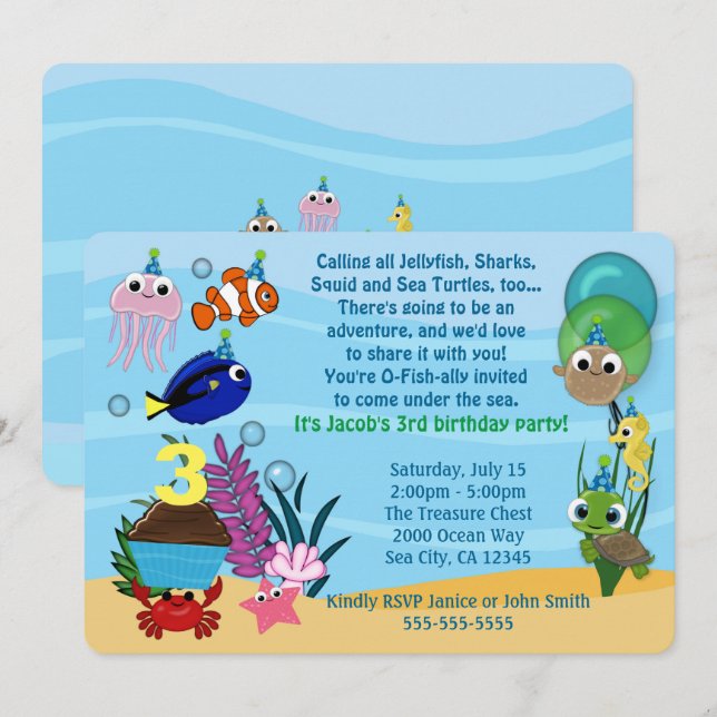 Ocean Animals Birthday Invitations Under the Sea (Front/Back)