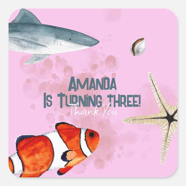 Ocean Animals Kids Shark Party Pink Thank You Square Sticker (Front)