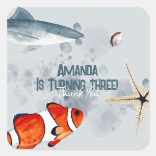 Ocean Animals Shark Kids Birthday Party Blue Square Sticker
