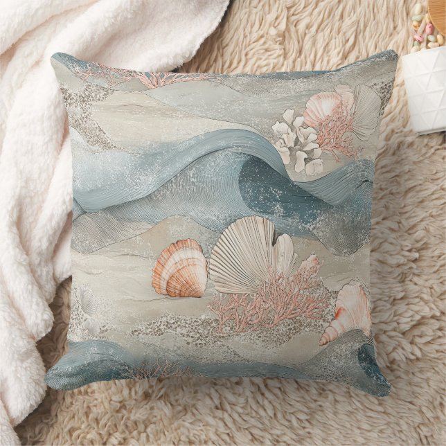Ocean Aqua Coral Reef Coastal Pattern Throw Pillow (Blanket)