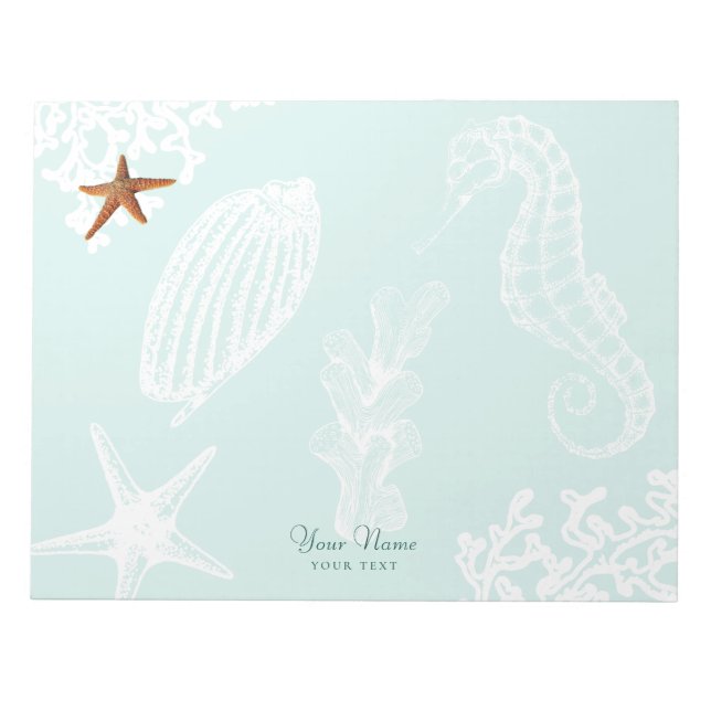 Ocean aqua seashell pattern name personalized notepad (Front)