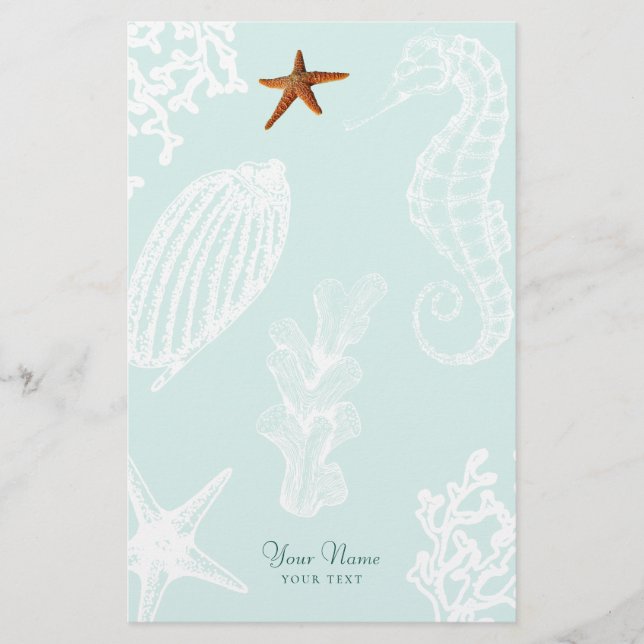 Ocean aqua seashell pattern name personalized stationery (Front)
