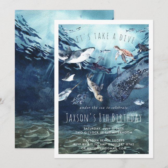 Océan aquarelle | Invitation de fête d'anniversair (Devant / Derrière)