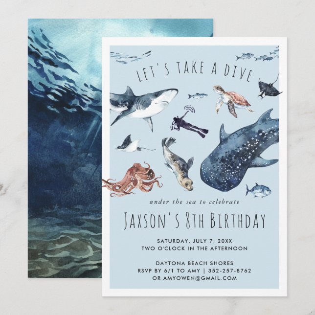 Océan aquarelle | Invitation de fête d'anniversair (Devant / Derrière)